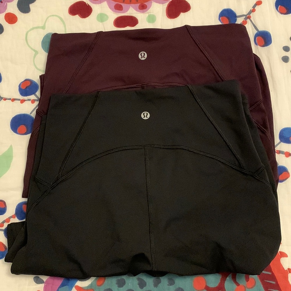 2 pairs of Lululemon train times high rise crop 19” Sz 6. Black & Burgundy.